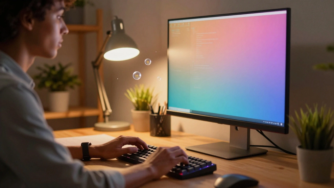 Learner working on keyboard with warm lamp and abstract idea orbs