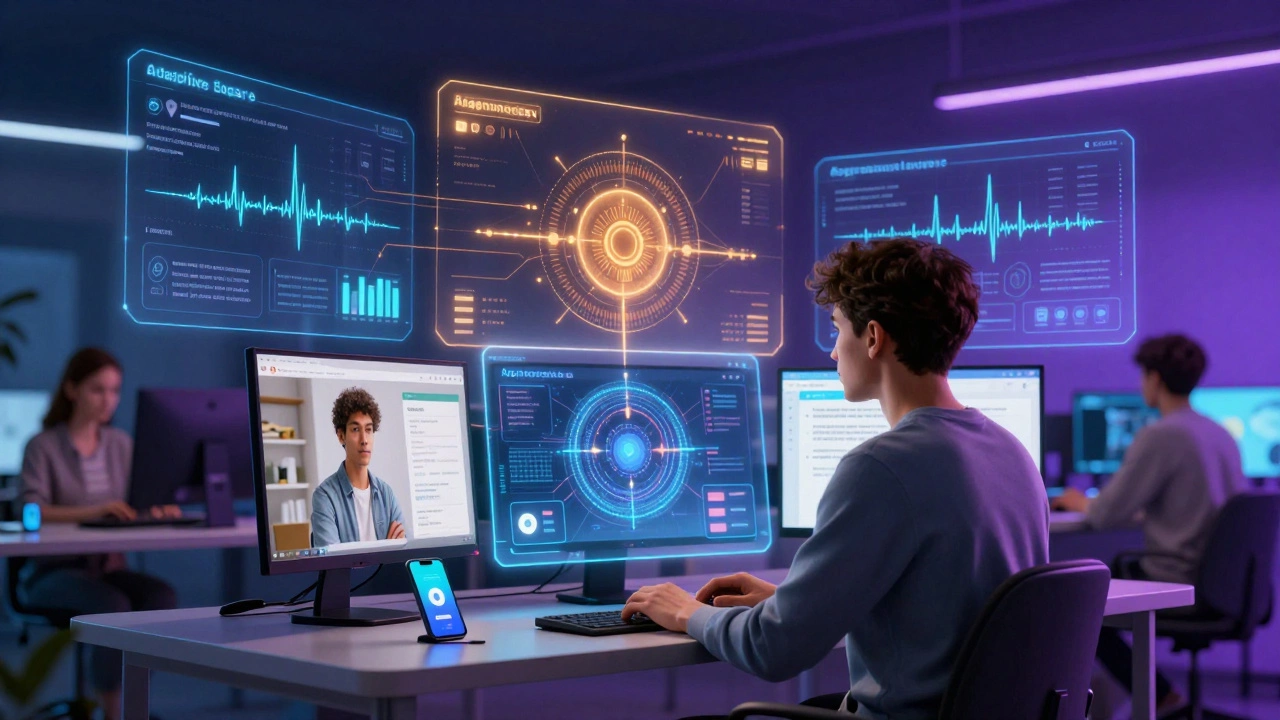 Modern learner with AI-powered adaptive learning interfaces showing personalized educational metrics