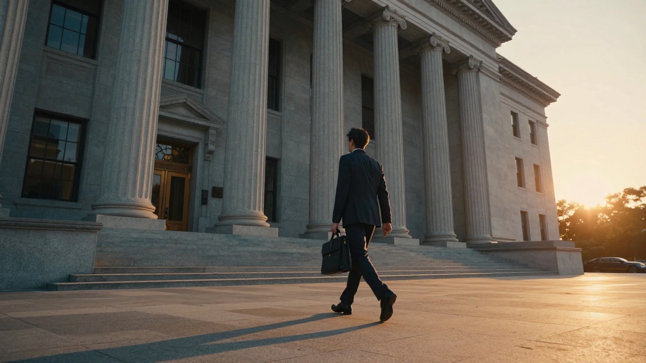 Professional walking towards a government building entrance at sunrise.