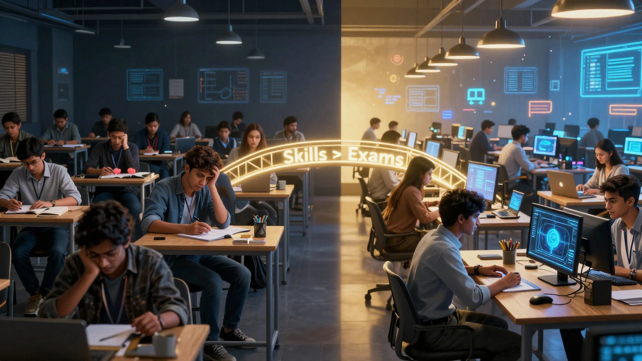 Split-screen contrast: stressful NEET exam hall versus vibrant tech hub, connected by a bridge labeled 'Skills > Exams'.