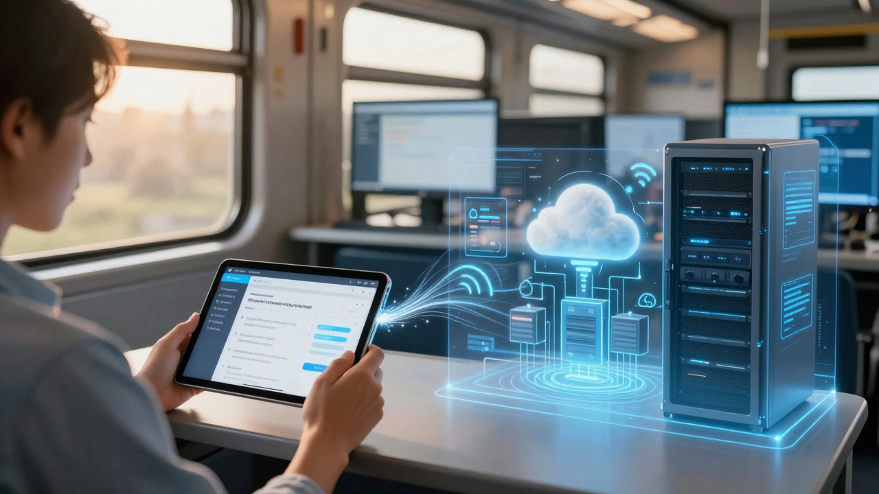 Student learning on tablet with cloud infrastructure tracking progress through wireless connections