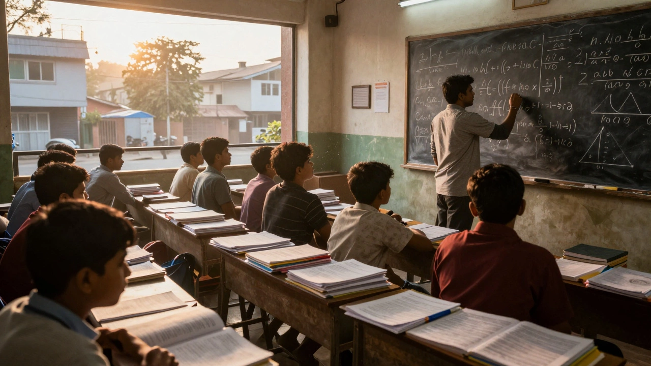 Students in a coaching center at dawn, studying intensely as a teacher writes equations on a chalkboard.