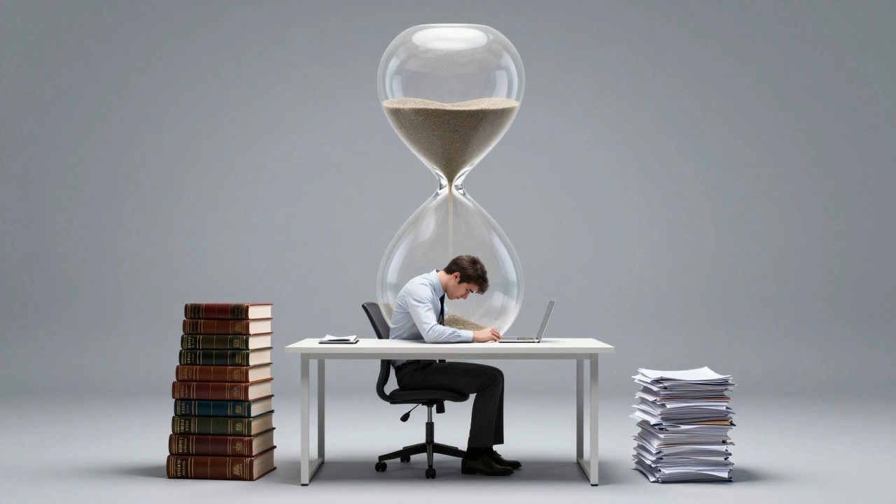 A person at a desk with a giant hourglass and stacks of law and accounting books.