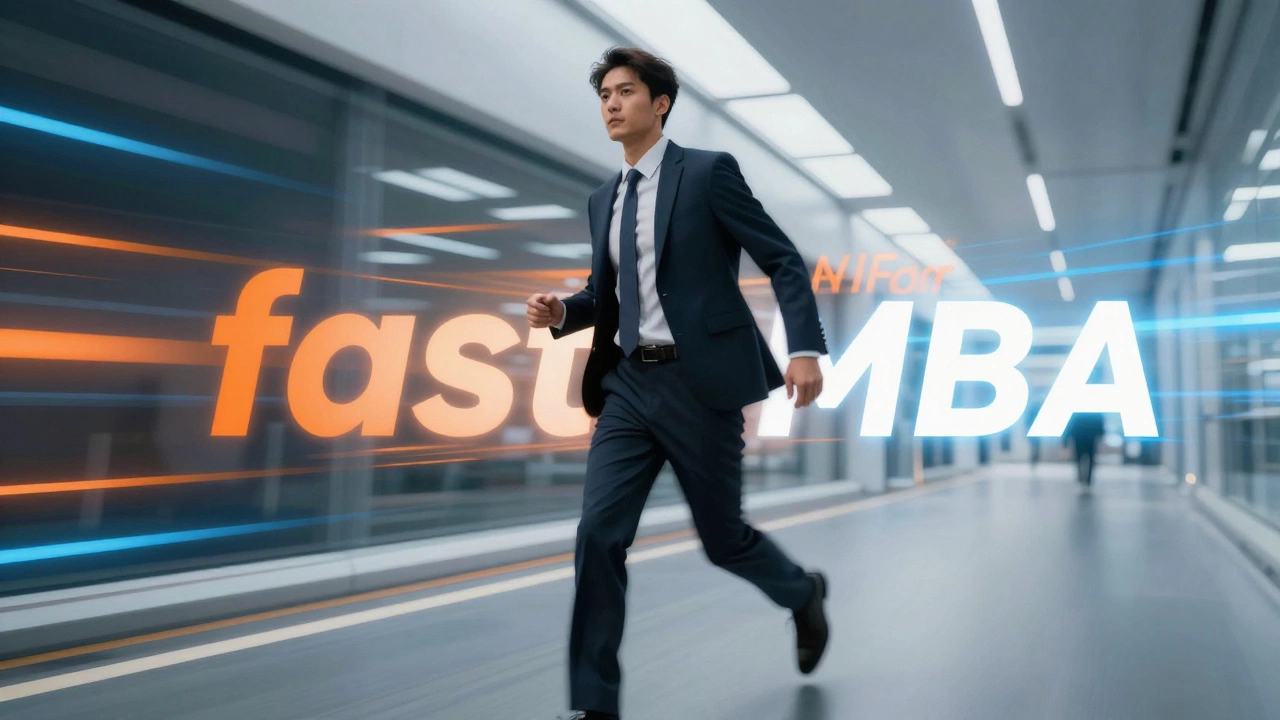 A professional moving quickly through a futuristic corridor symbolizing an accelerated MBA