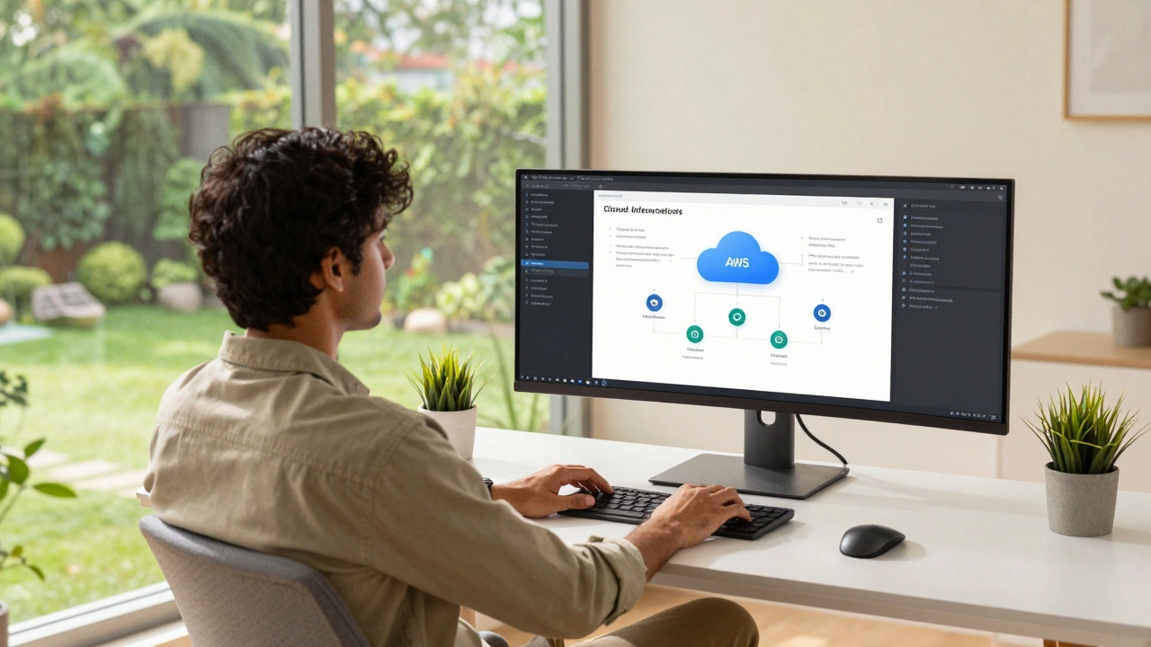 A professional software engineer working remotely from a bright home office with a garden view.