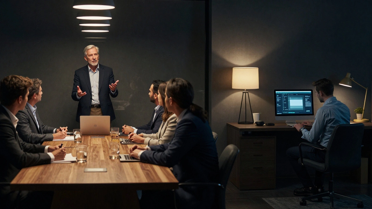 A senior executive balancing a boardroom leadership role with night-time studying