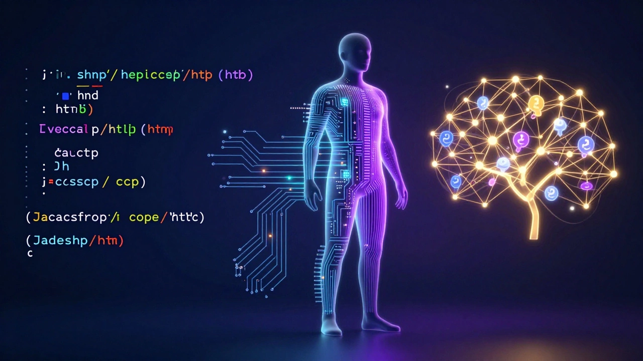 Conceptual art showing the transition from basic coding to complex AI and neural networks.