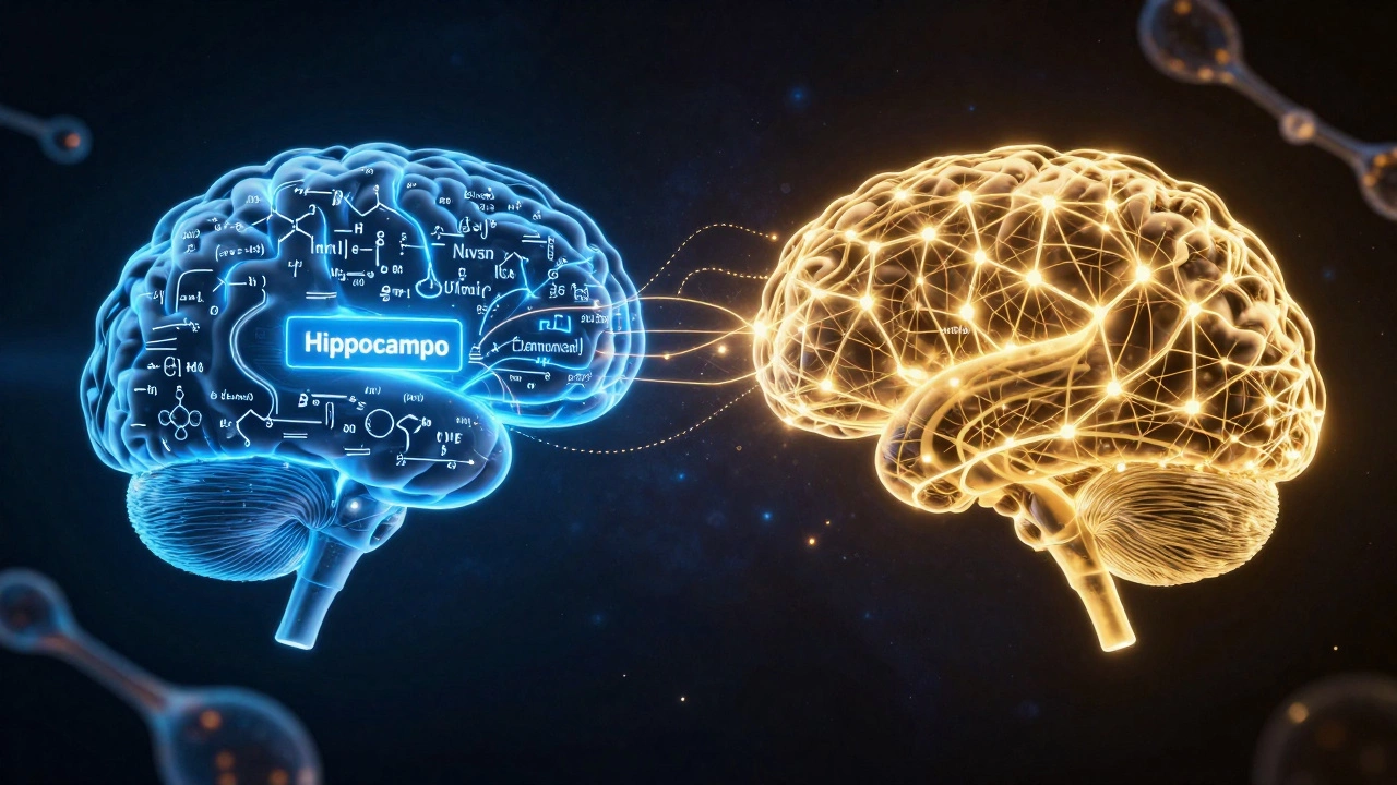 Conceptual digital art showing memory transfer from hippocampus to neocortex