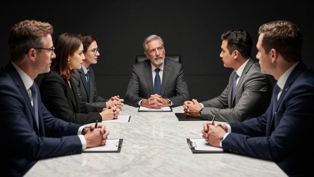 Executives in a high-end boardroom engaged in a strategic leadership discussion.