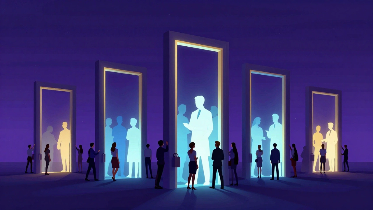 Scholars passing through narrow floating geometric gates in a surreal indigo sky.