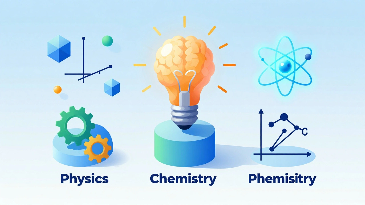 Abstract icons representing physics, chem, and math