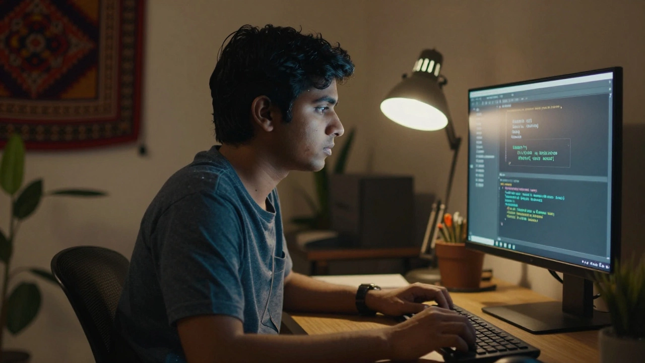 Focused beginner coder working late at night in a cozy Indian home office