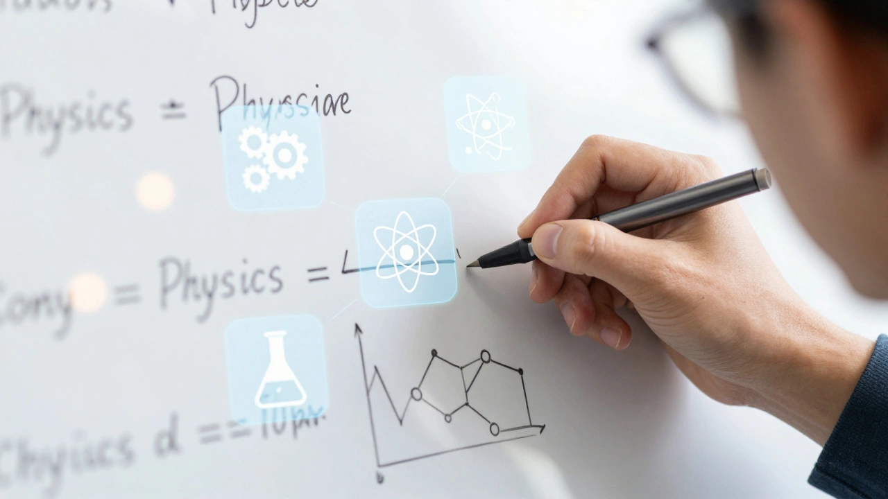 Hand writing equations surrounded by floating physics and math symbols.