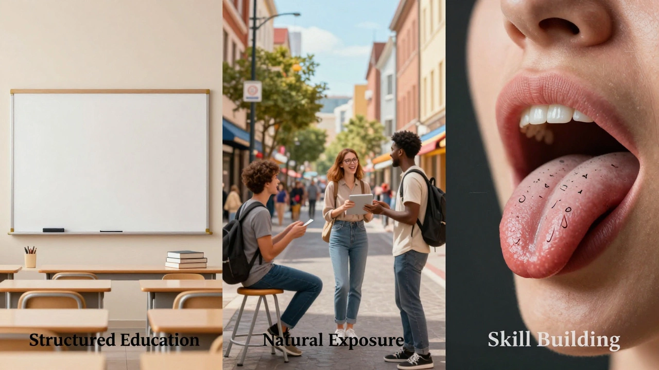 Illustration of structured lessons, natural exposure, and pronunciation skills