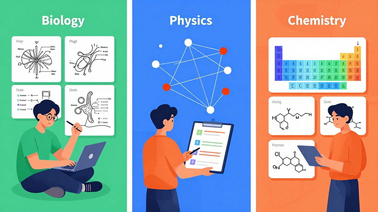 Illustration of students using different strategies for bio, physics, chem
