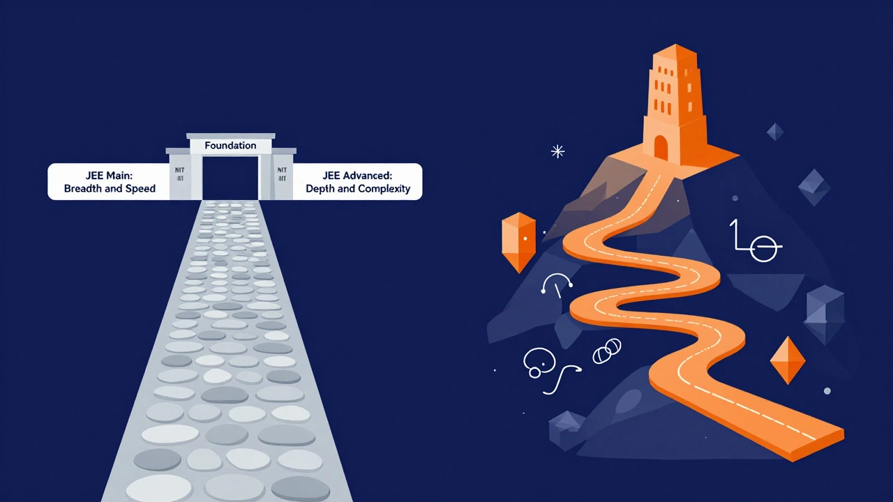 Illustration showing two diverging paths for JEE Main and Advanced exams.