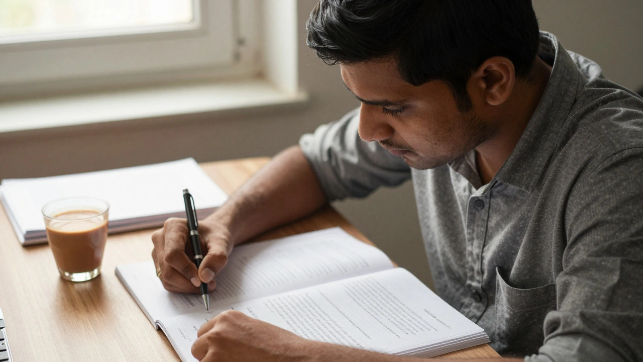 Indian student studying intently for civil service exams at a sunlit desk