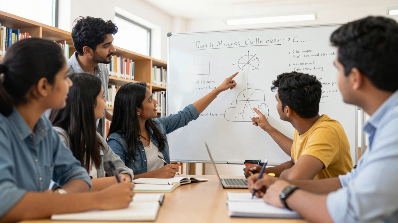 Indian students collaborating and teaching each other in a bright library