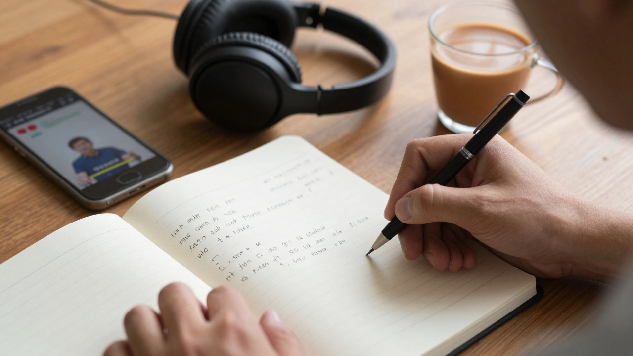 Notebook with English phrases and phone showing language lesson