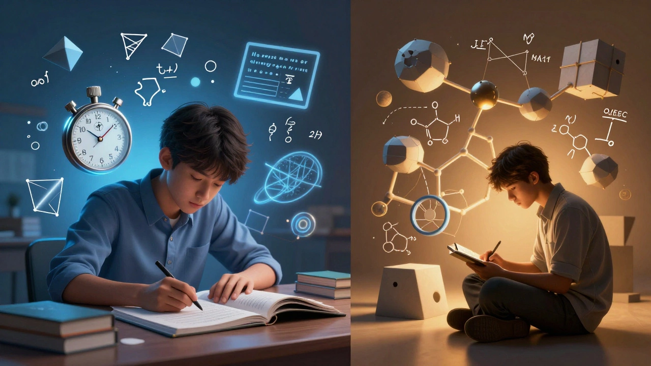 Split image contrasting fast-paced basic study vs deep analytical problem solving.