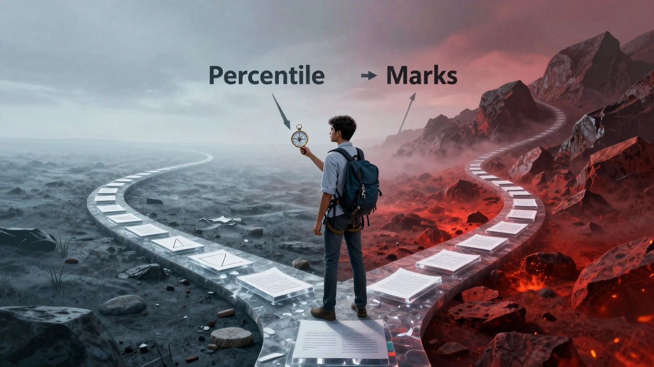 Student choosing between easy and hard exam paths metaphor