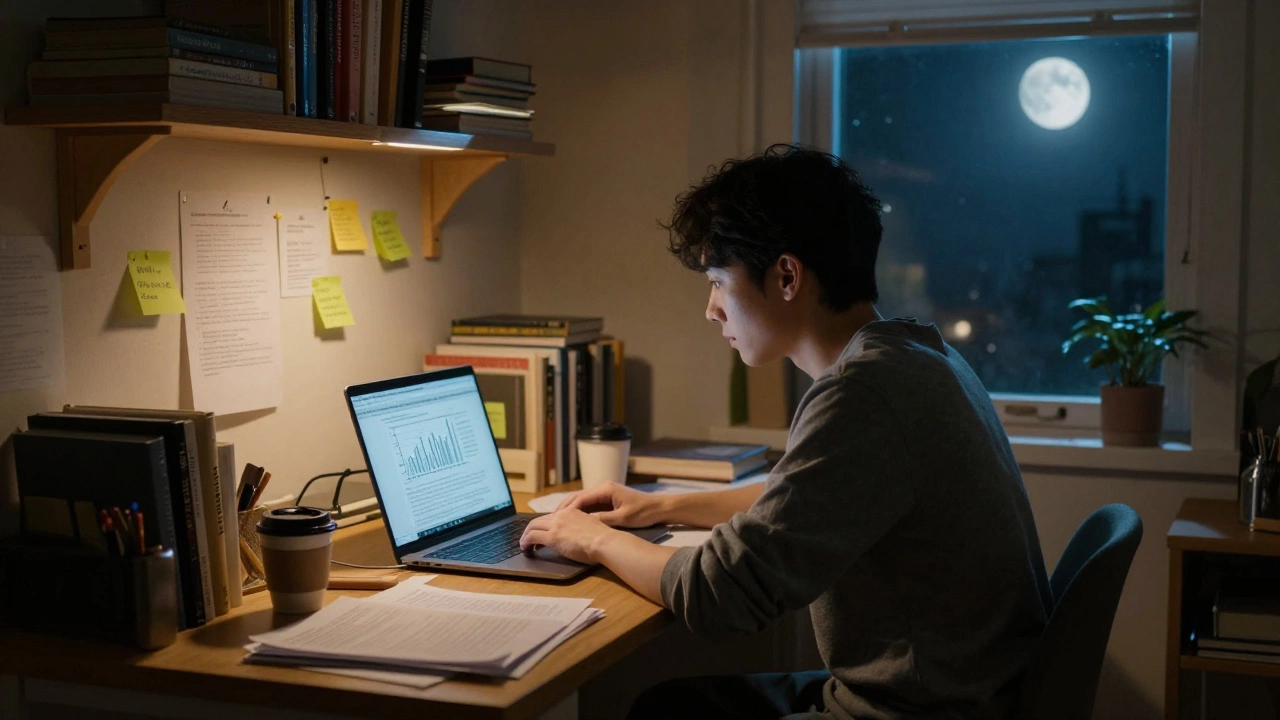 Student studying for graduate exams late at night