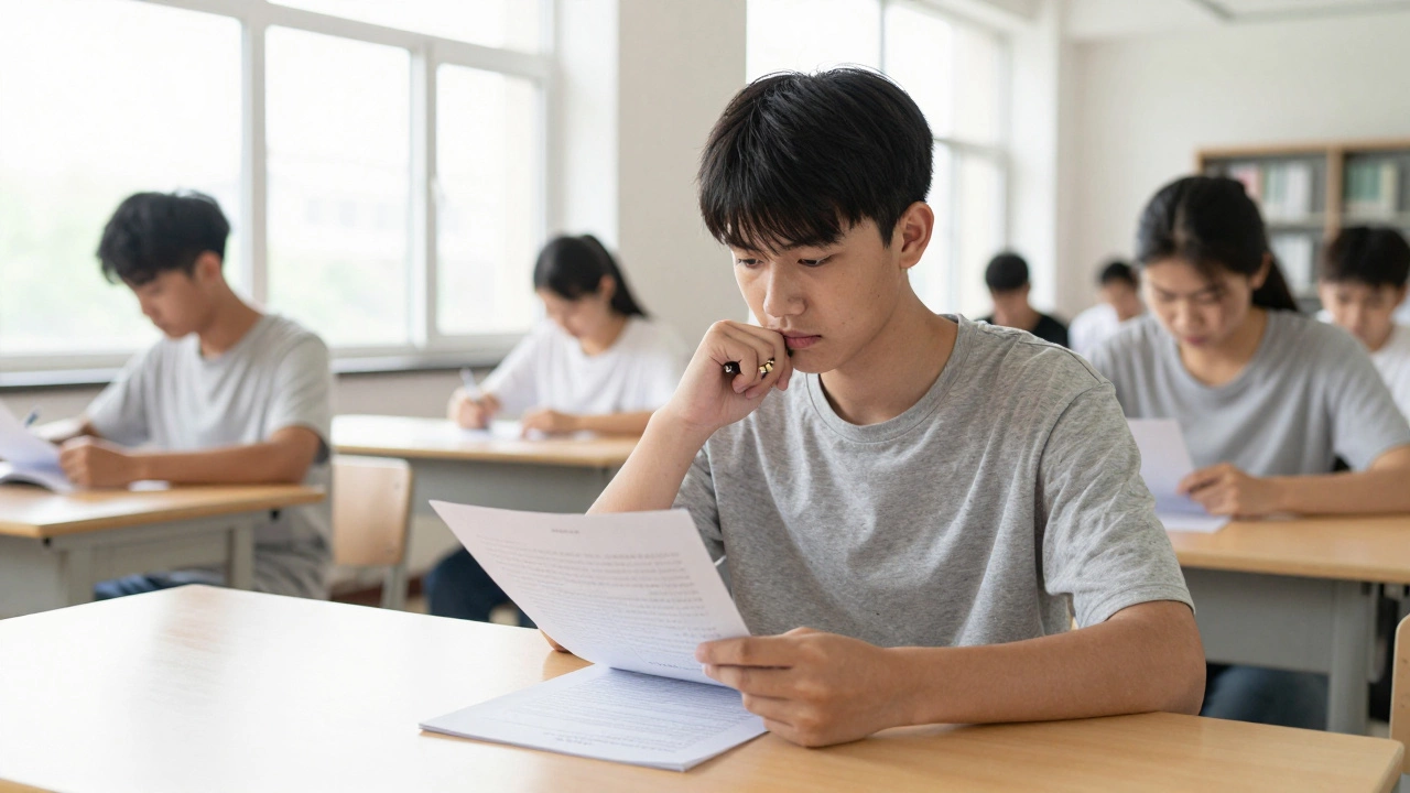 Student taking a mock exam in a bright library