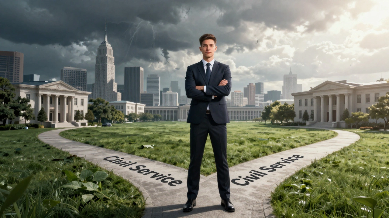 Conceptual image showing a stable career path in government versus chaotic private sector options.