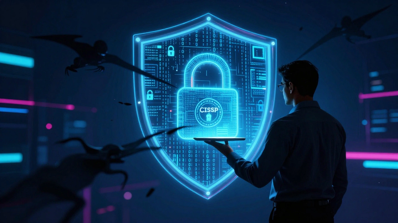 Cybersecurity professional defending against digital threats with a shield