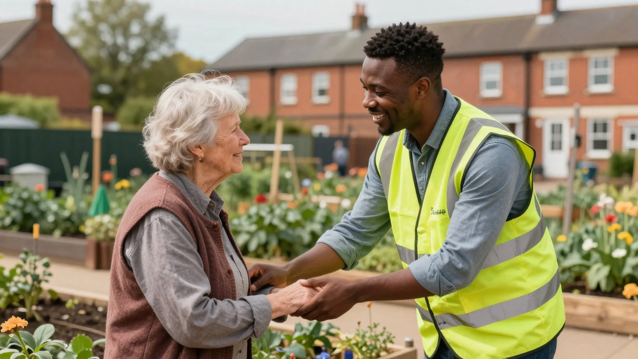 Local council worker helping a citizen in a community garden, symbolizing accessible public service.