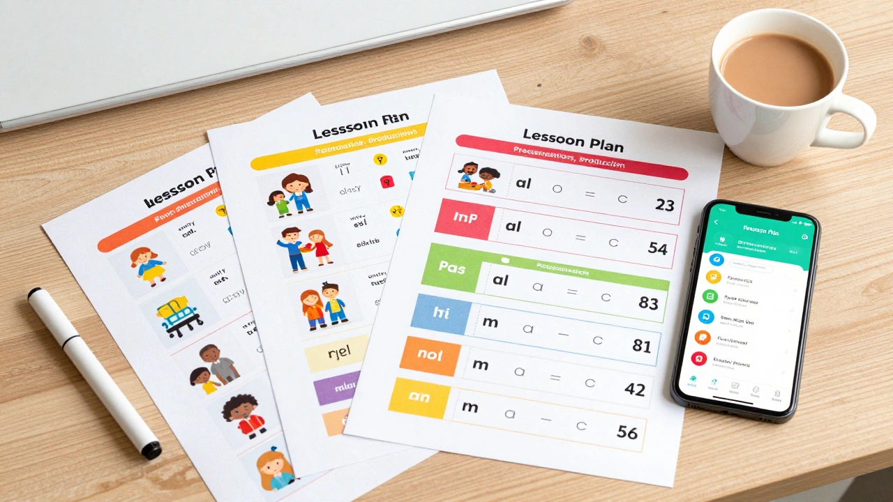 Organized lesson materials including worksheets and apps on a desk.