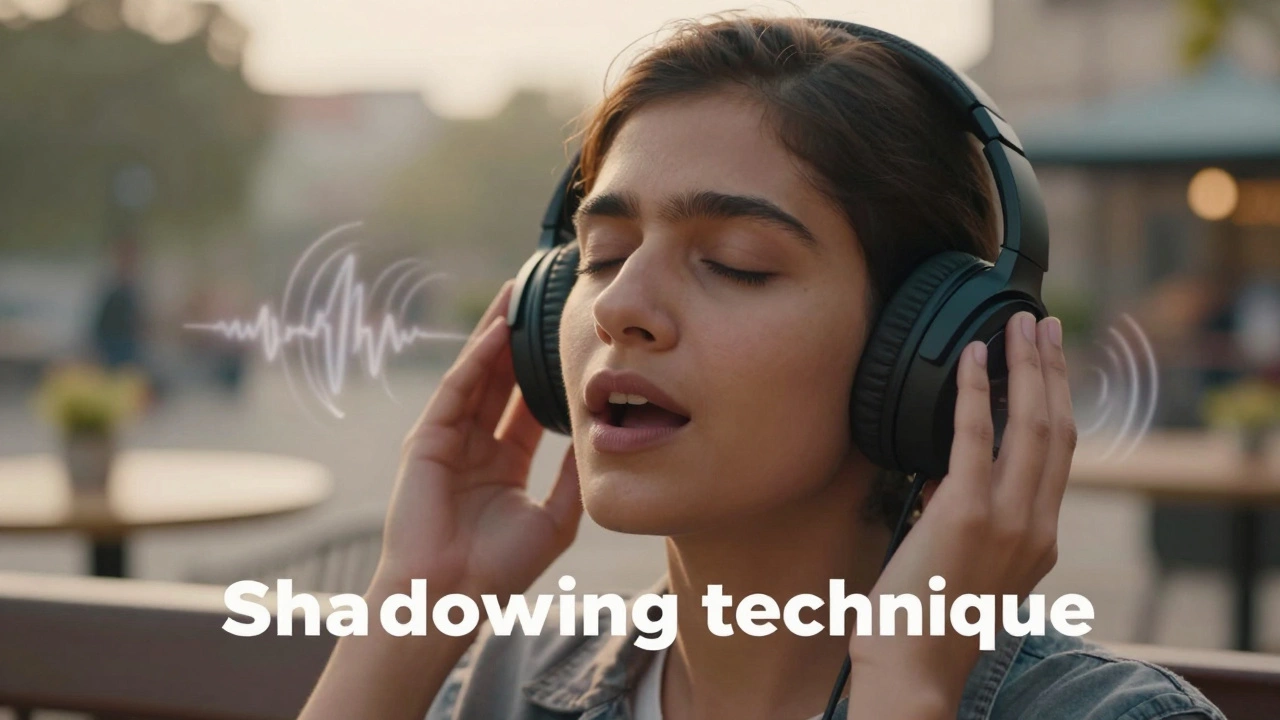 Person wearing headphones practicing English shadowing technique