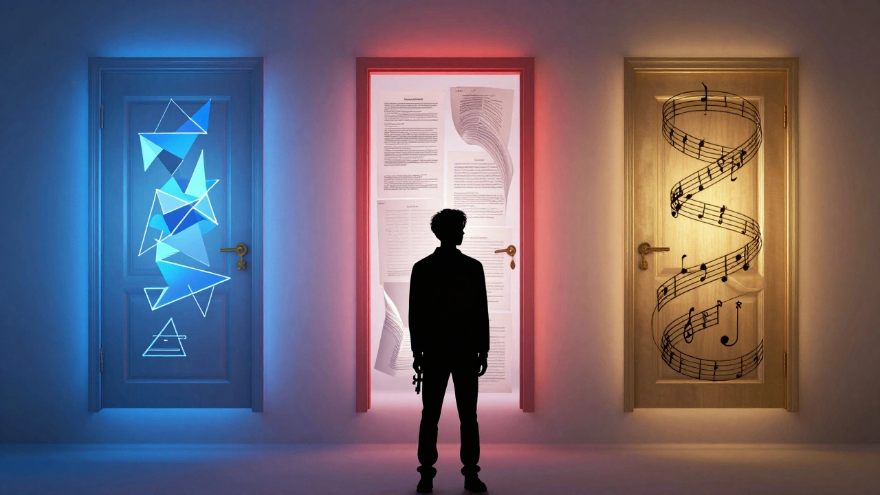 Silhouette facing symbolic doors representing math, law, and arts