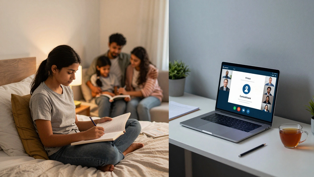 Split view of home study in Delhi versus online learning setup