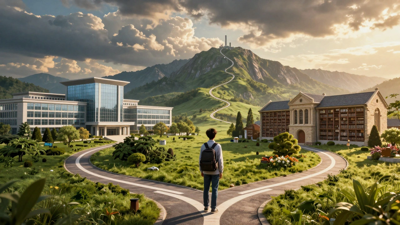 Student at a symbolic crossroads choosing between different academic paths