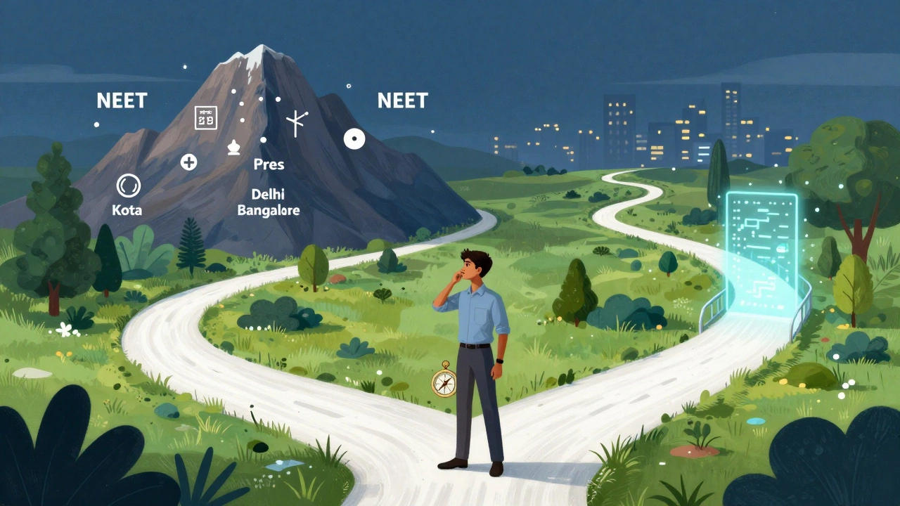 Student choosing between different NEET prep paths at a crossroads