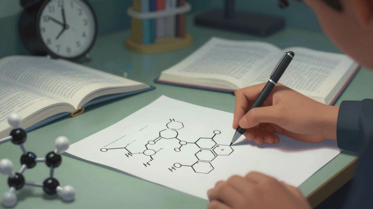 Student studying organic chemistry late at night with molecular models