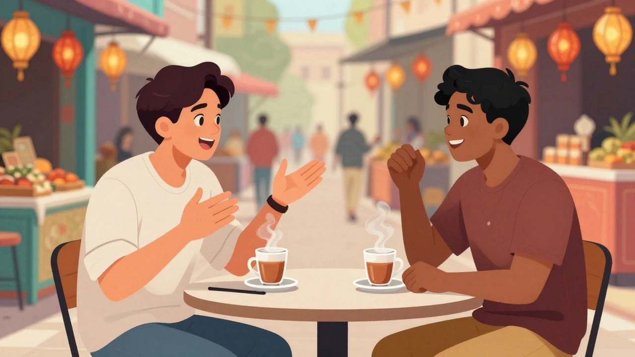Two friends chatting casually over chai in an Indian market