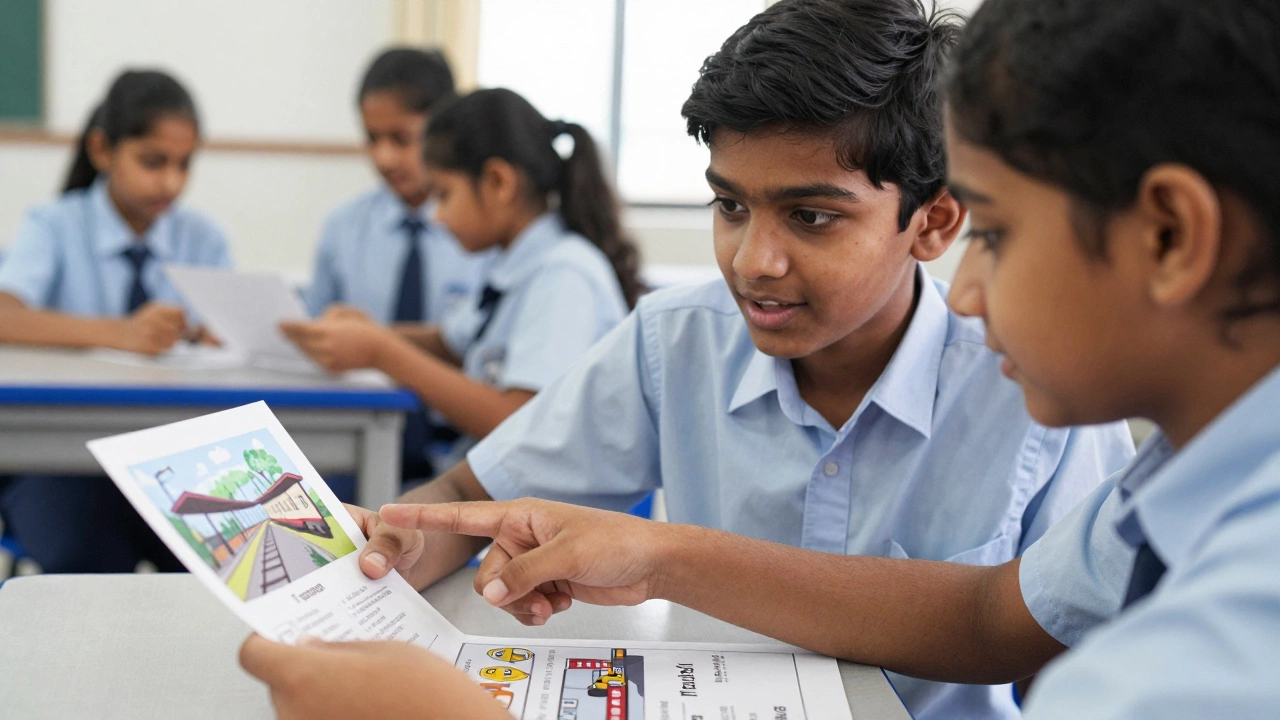 Two students practicing English conversation through role-play activity.