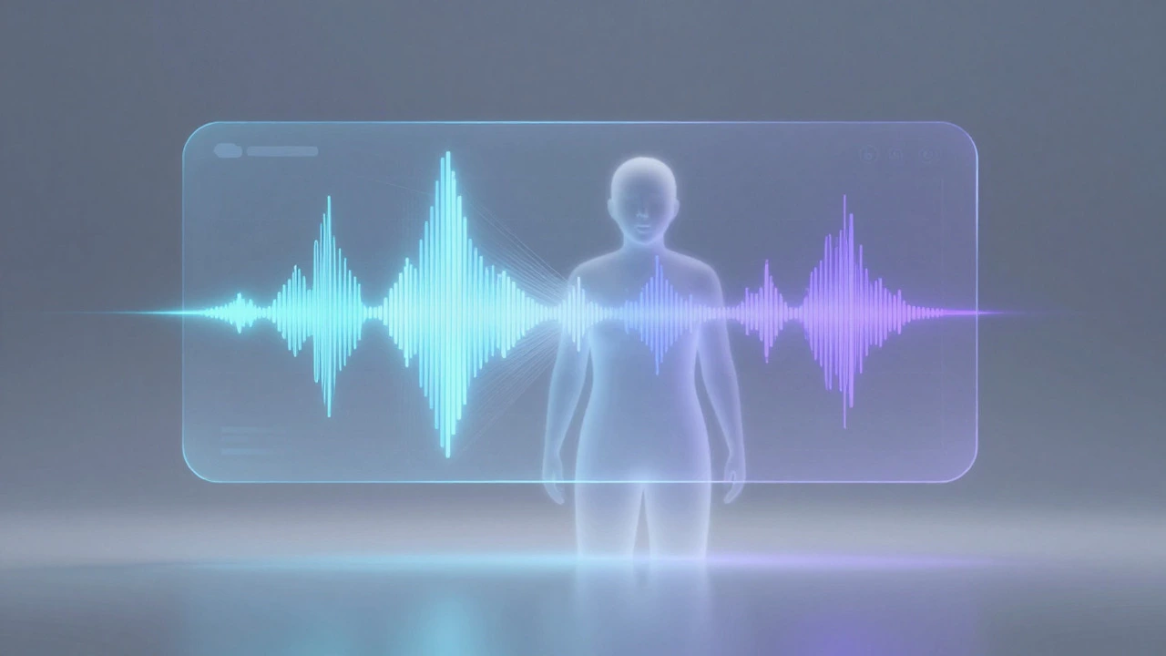 Abstract visualization of AI analyzing speech waveforms for pronunciation