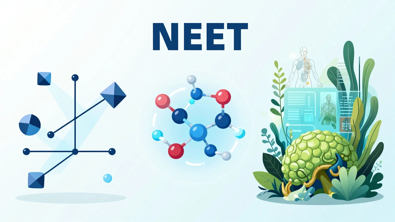 Abstract visualization of Physics, Chemistry, and Biology concepts