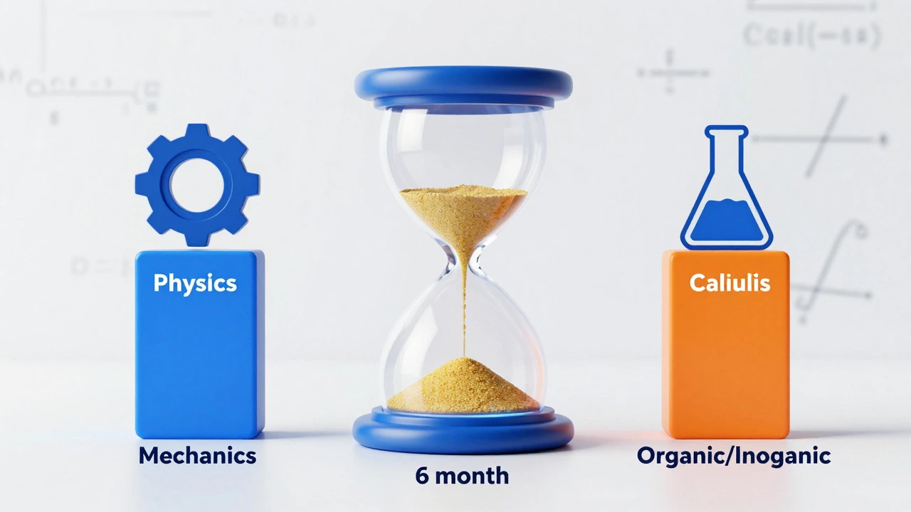 Conceptual graphic showing a six-month study plan with subject pillars