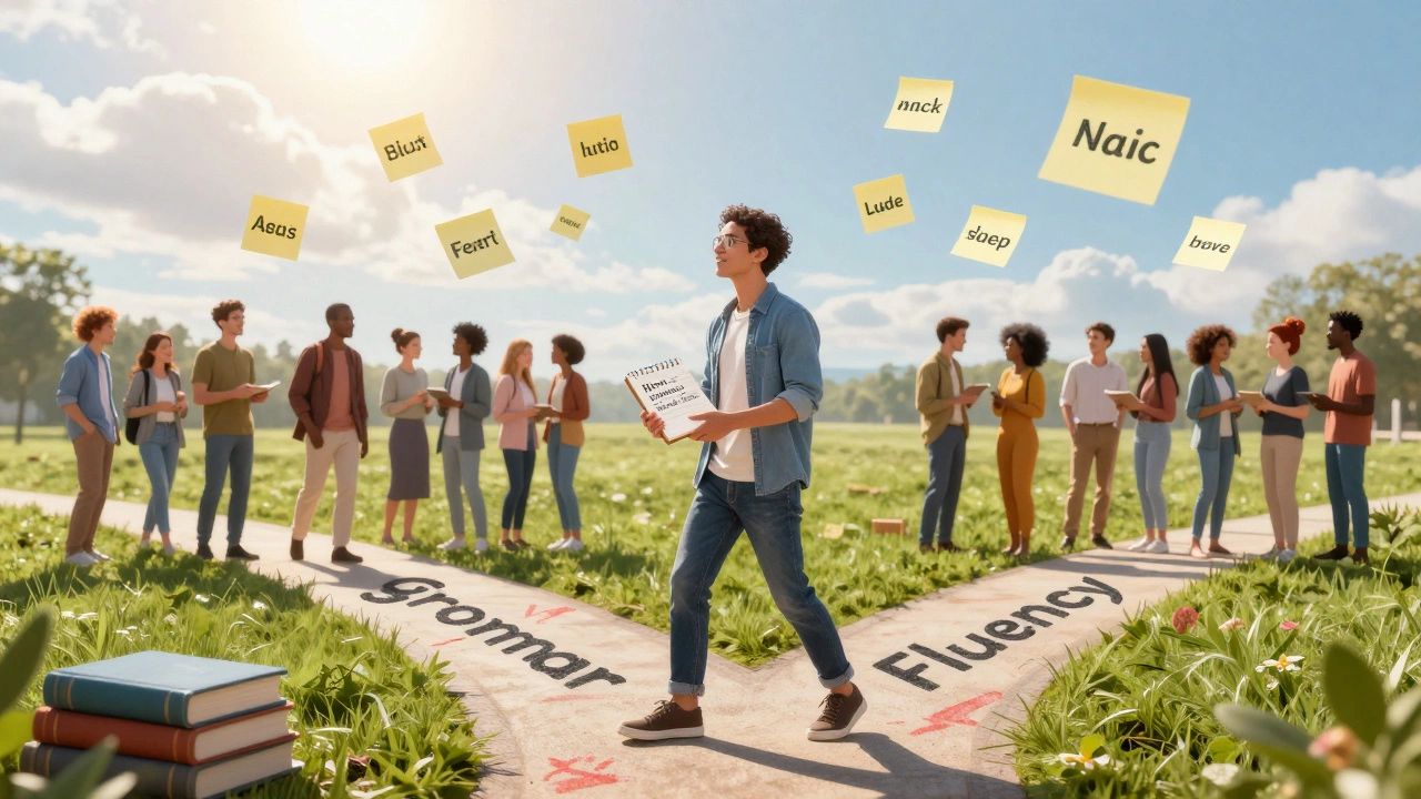 Confident learner choosing conversation over grammar books, surrounded by words
