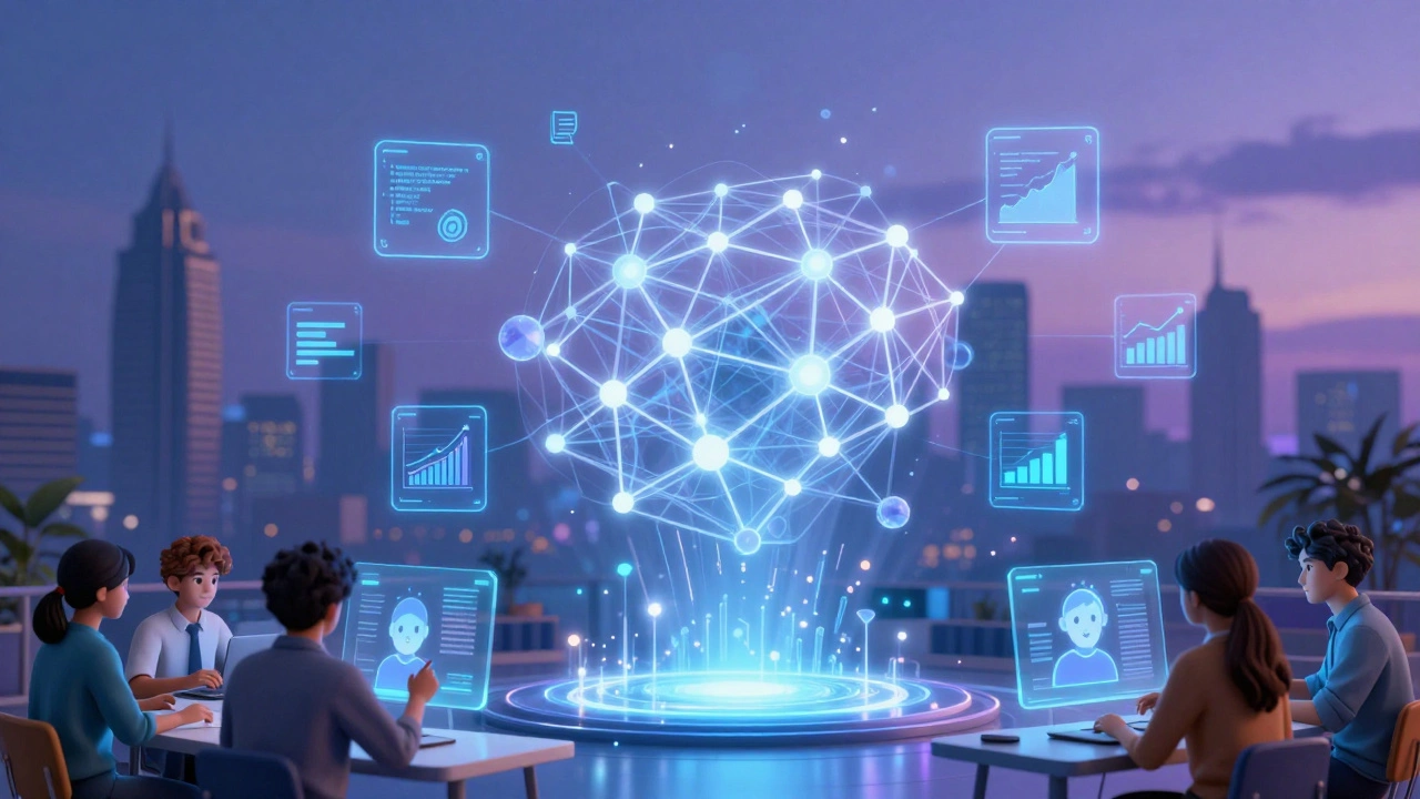 Futuristic AI-powered online learning concept with holographic interfaces