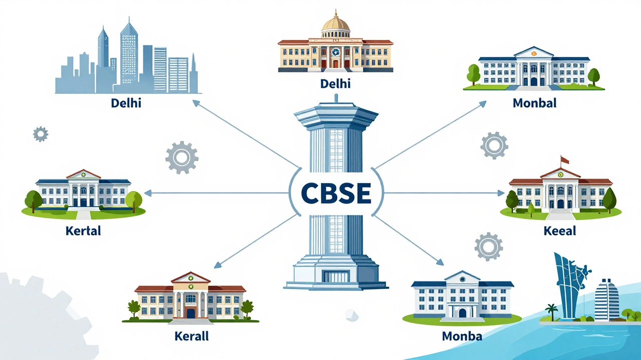 Illustration showing CBSE central board connecting to schools across India