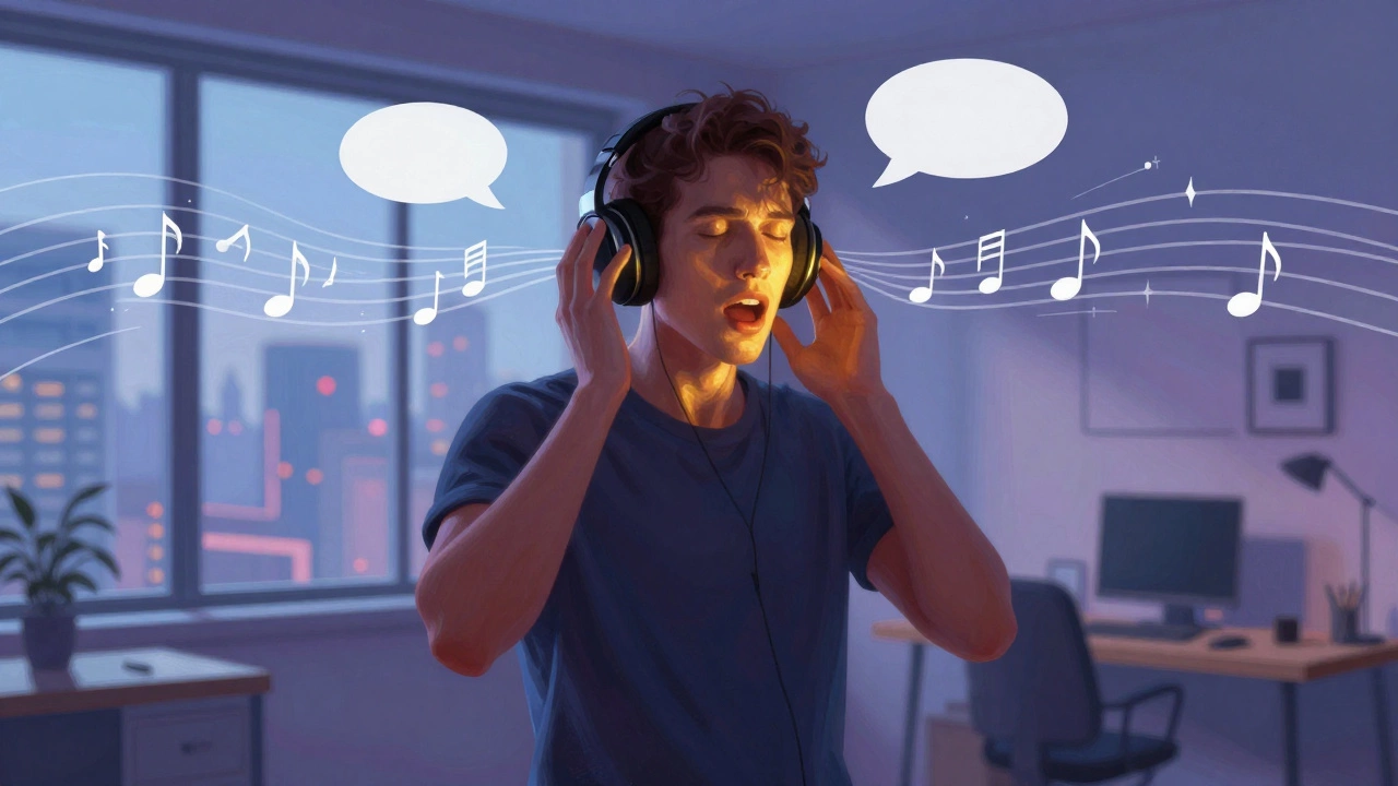 Learner practicing shadowing technique with headphones and visual soundwaves