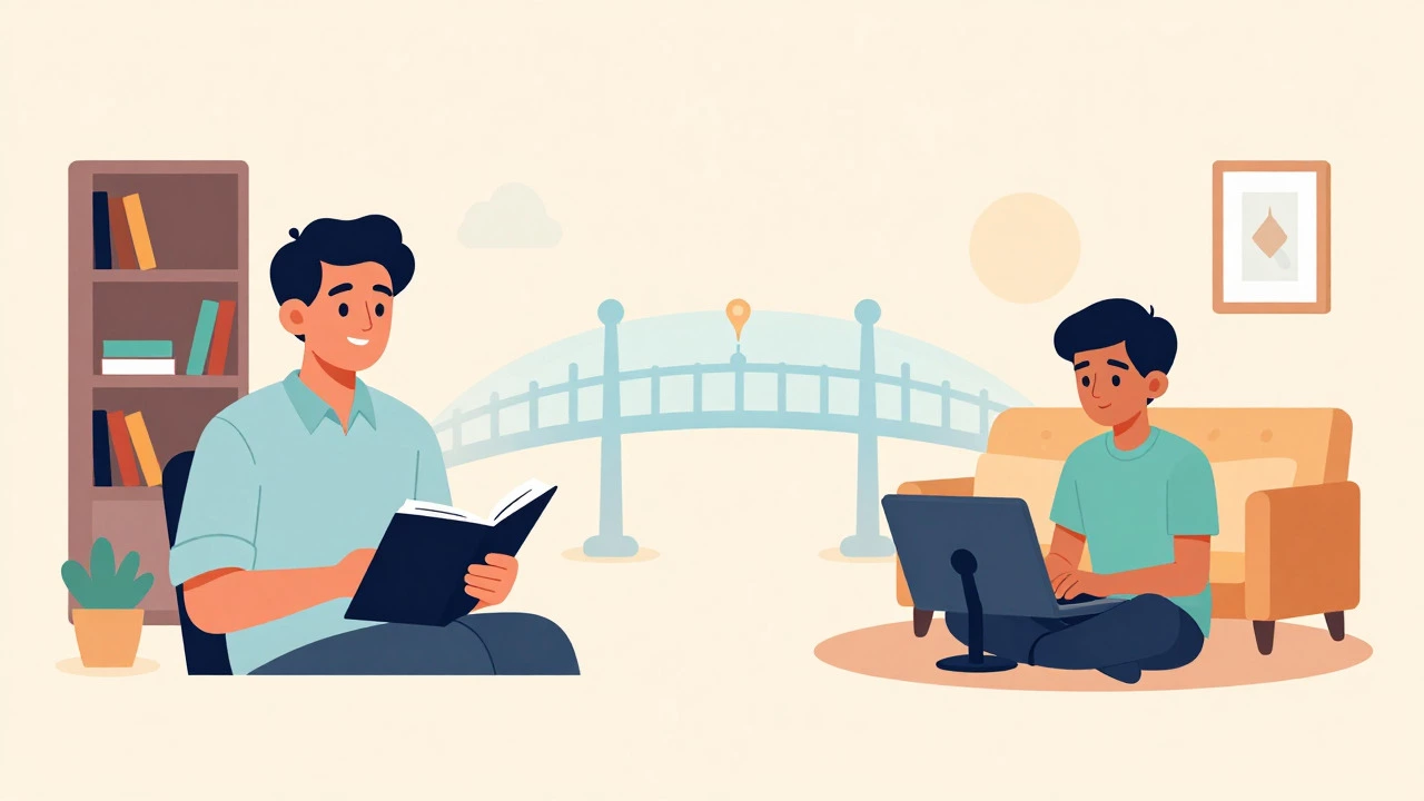 Online tutor and student connected via video call in a split view