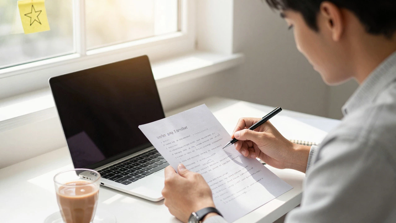 Person studying interview notes at a desk with natural sunlight streaming in.