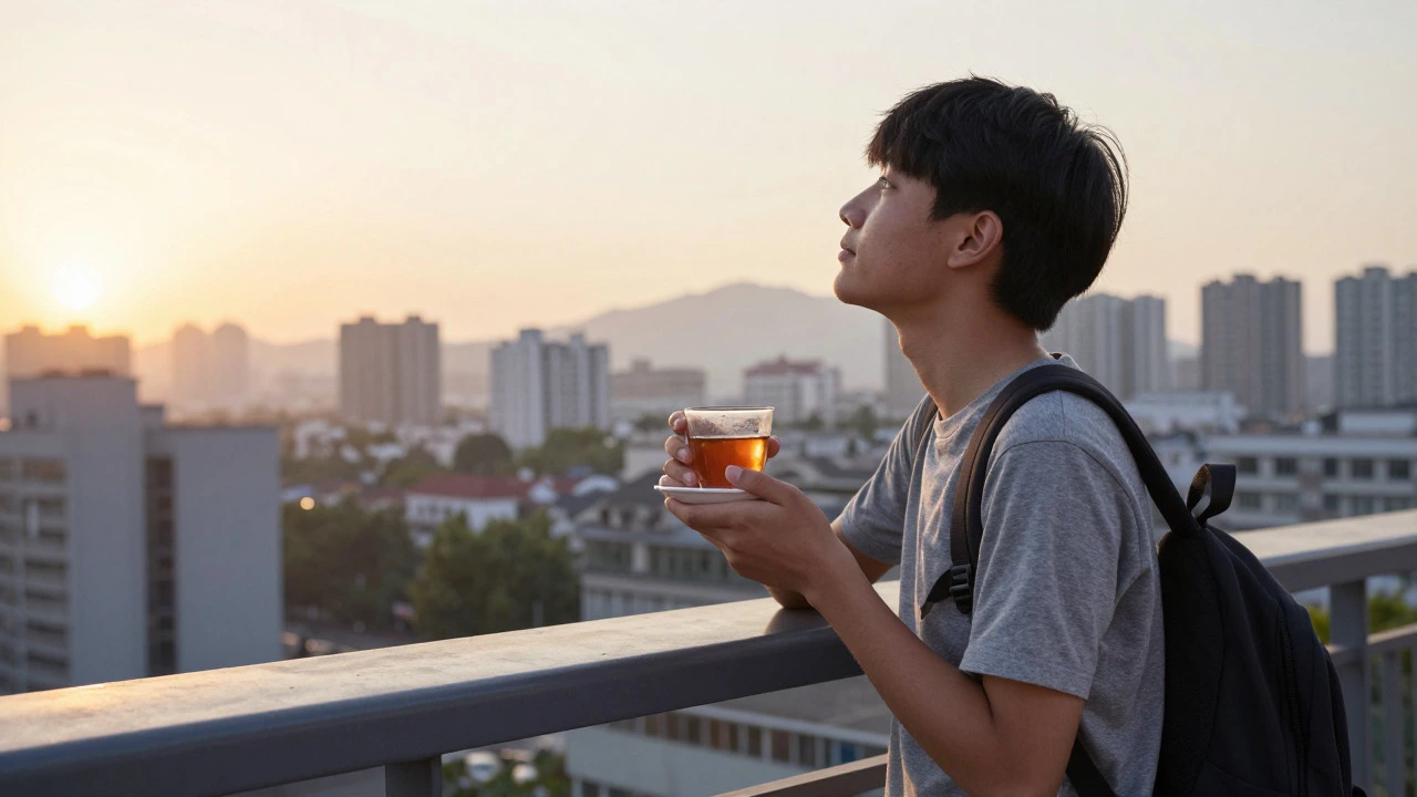 Student taking a peaceful morning break on a balcony to avoid burnout