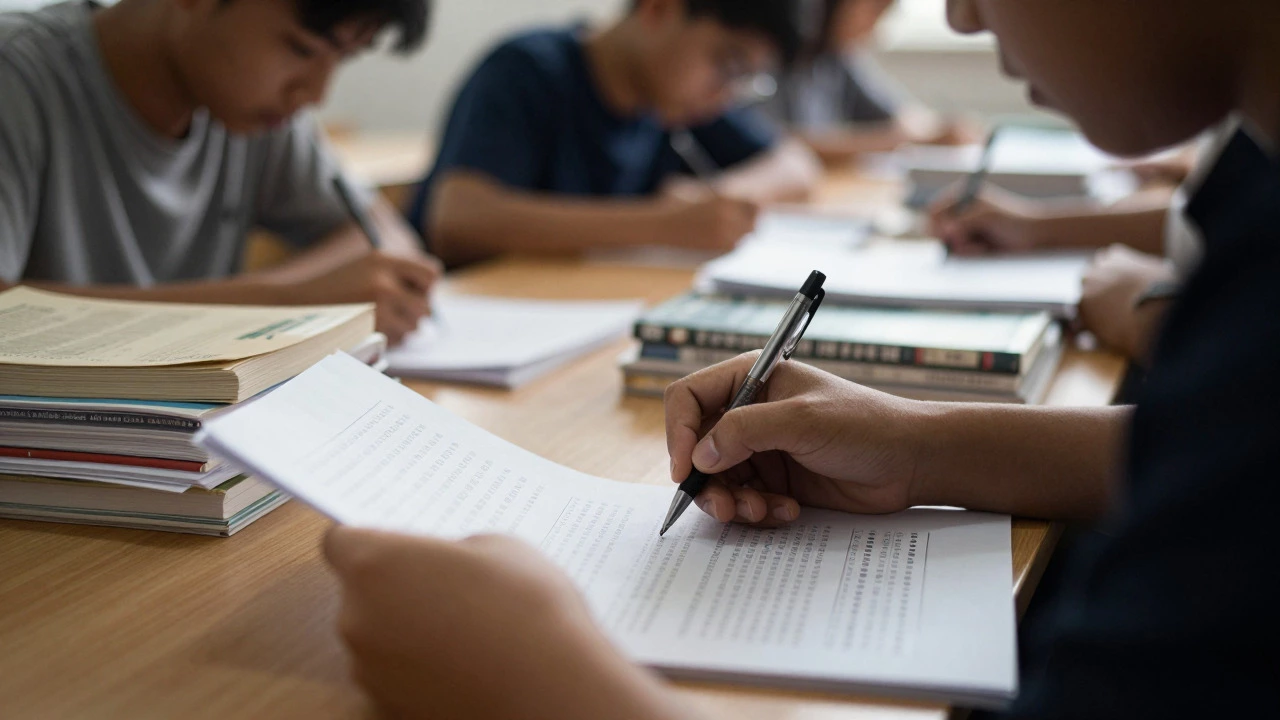 Student taking a serious board exam with science textbooks nearby